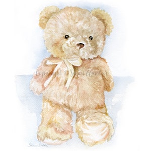 May include: A watercolor painting of a light brown teddy bear with a white bow. The bear is standing on a light blue background.