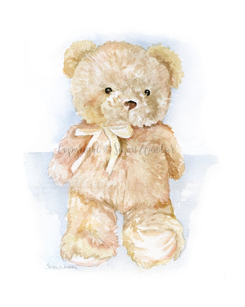 May include: A watercolor painting of a light brown teddy bear with a white bow. The bear is standing on a light blue background.