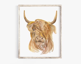 Highland Cow Watercolor Painting Giclee Print Fine Art Print Farm House UNFRAMED