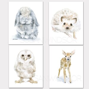 Woodland Watercolor Animal Art Prints Set of 4 Nursery Childrens Room Deer Lop Rabbit Hedgehog Owl PORTRAIT-Vertical Orientation Unframed