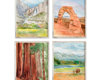 American National Parks Watercolor Painting Art Prints Set - Unframed - Arches , Sequoia , Yosemite , Yellowstone