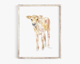 Jersey Cow Calf Watercolor Painting Fine Art Giclee Reproduction Nursery Art UNFRAMED