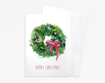 Watercolor Christmas Wreath - Set of 10 Christmas Cards - Holiday Cards