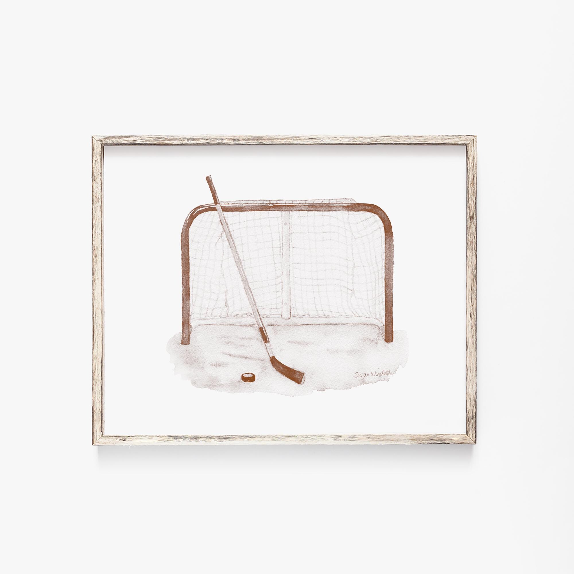 Hockey Watercolor Painting - Sepia Tone - Giclee Print - Sports Room Nursery Art Man Cave UNFRAMED