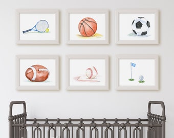 Watercolor Sports Art Prints - Set of 6 - Tennis Baseball Soccer Football Basketball and Golf Unframed
