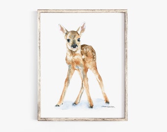 Watercolor Deer Fawn Print 24x36 Large Fine Art Poster - Baby Deer Painting Unframed