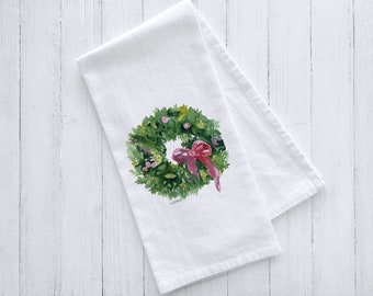 Christmas Wreath Watercolor Flour Sack Tea Towel