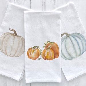 Watercolor Pumpkins Flour Sack Tea Towels Set of 3 Hostess Kitchen Gift