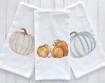 Watercolor Pumpkins Flour Sack Tea Towels Set of 3 Hostess Kitchen Gift