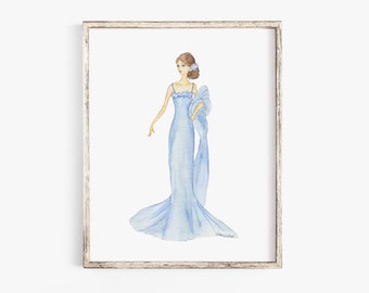 Blue Ball Gown Brunette Princess Dress Watercolor Fashion Illustration UNFRAMED Blue Ball Gown Brunette Princess Dress Watercolor Fashion Illustration UNFRAMED