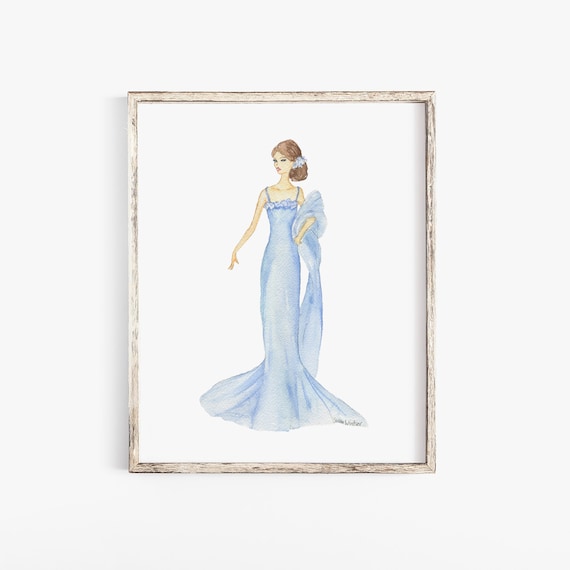 Blue Ball Gown Brunette Princess Dress Watercolor Fashion Illustration  UNFRAMED - Etsy