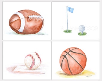 Sports Watercolor Painting Art Prints Set - Football Golf Baseball Basketball Unframed