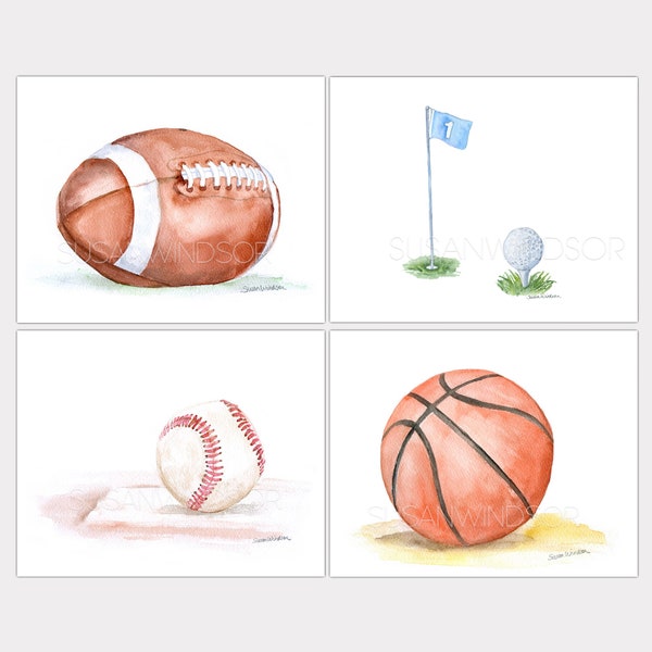 Sports Watercolor Painting Art Prints Set - Football Golf Baseball Basketball Unframed