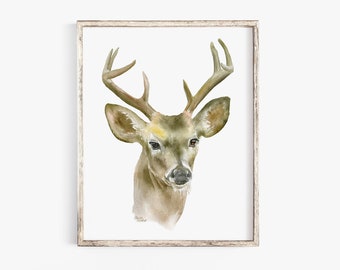 Deer Buck Watercolor Painting Giclee Print Reproduction Woodland Nursery Decor - Eight-point Unframed