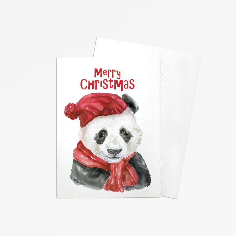 Panda With a Hat Cards Set of 10 Watercolor Christmas Card - Etsy