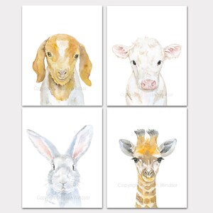 Watercolor Animal Art Prints - Set of 4 - Goat Cow Bunny and Giraffe - Nursery Wall Decor PORTRAIT-Vertical Orientation Unframed
