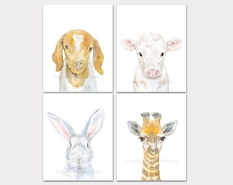 Watercolor Animal Art Prints - Set of 4 - Goat Cow Bunny and Giraffe - Nursery Wall Decor PORTRAIT-Vertical Orientation Unframed