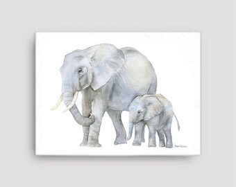 Elephants Watercolor 16 x 12 Gallery Wrapped Canvas Print - Nursery Art - Mother and Baby UNFRAMED