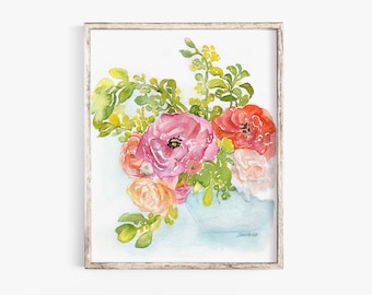 Ranúnculo Floral Aquarela Grande Poster Art Print Sem Moldura