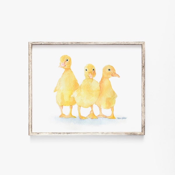 Three Ducklings Watercolor Painting - Fine Art Print Giclee Print - LANDSCAPE Orientation UNFRAMED
