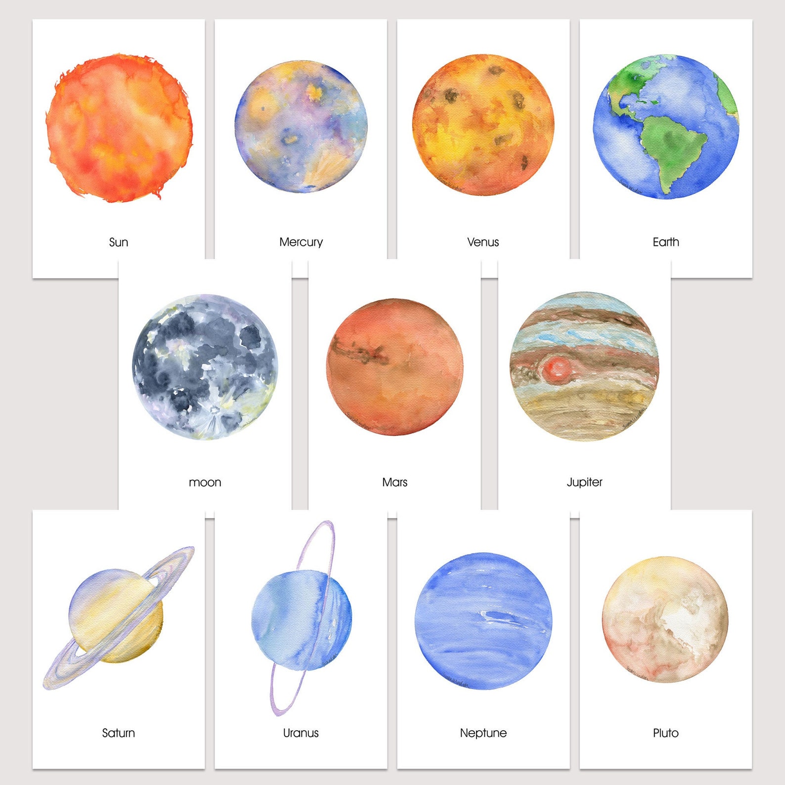 Solar System Watercolor Cards - Outer Space Wall Art Flash Cards - Etsy