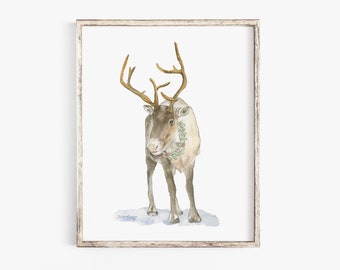 Christmas Caribou Watercolor Painting Fine Art Giclee Print Reproduction