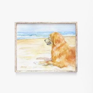 Golden Retriever on the Beach Watercolor Painting Art Print UNFRAMED