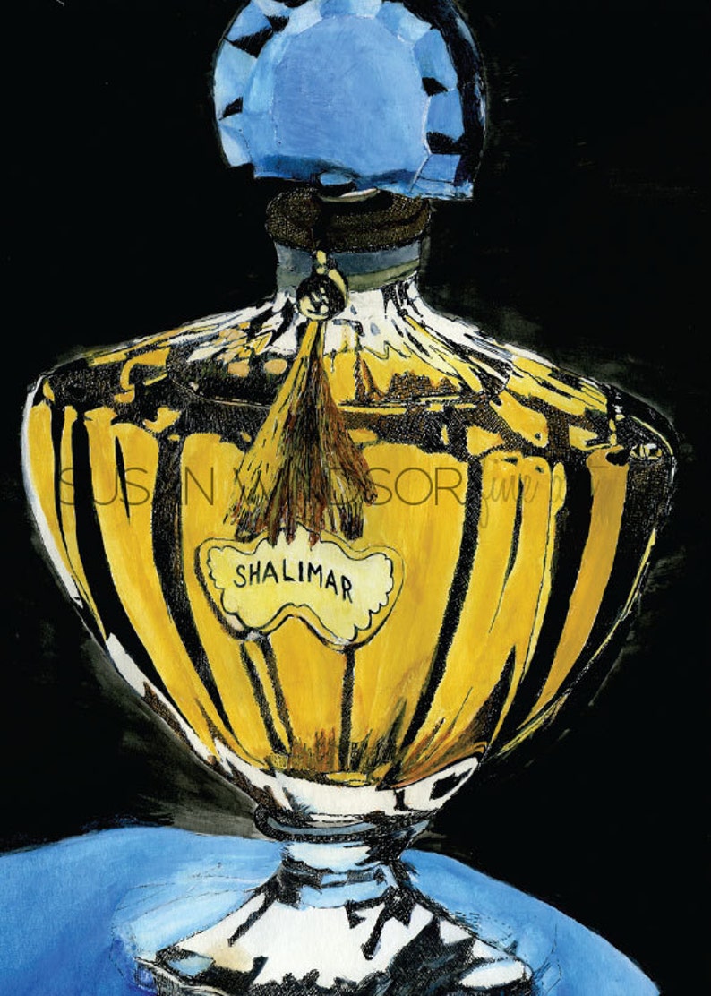 May include: A hand-painted illustration of a vintage perfume bottle with a blue stopper and a gold label that reads "Shalimar". The bottle is sitting on a blue surface.