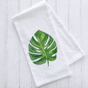 Green Monstera Leaf Watercolor Flour Sack Tea Towel image 1