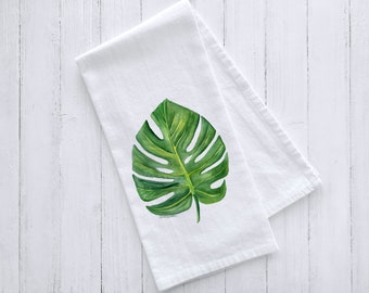 Green Monstera Leaf Watercolor Flour Sack Tea Towel