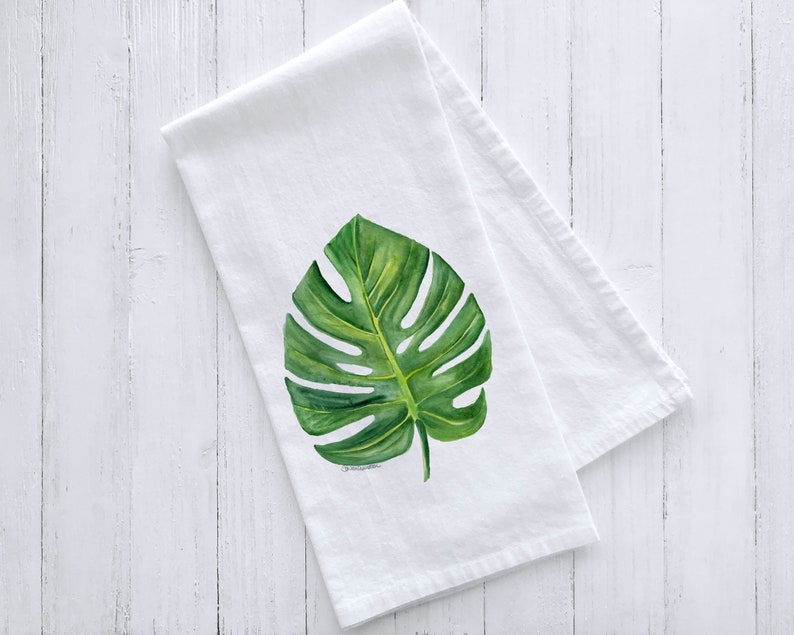 Green Monstera Leaf Watercolor Flour Sack Tea Towel image 1