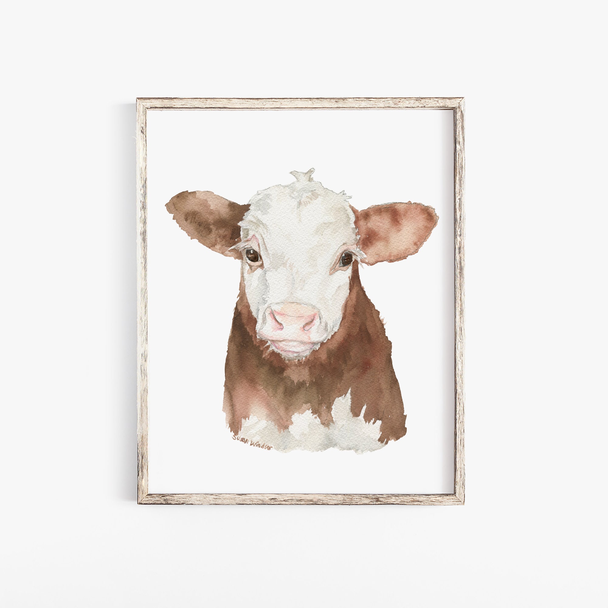 水彩壁絵 Watercolor *The Tender Calf Calf* Hereford Cow Calf Watercolor Painting Fine Art Giclee