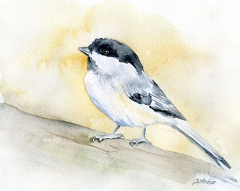 Watercolor Painting Chickadee Giclee Print - Bird Art - Nature - Bird Watcher UNFRAMED