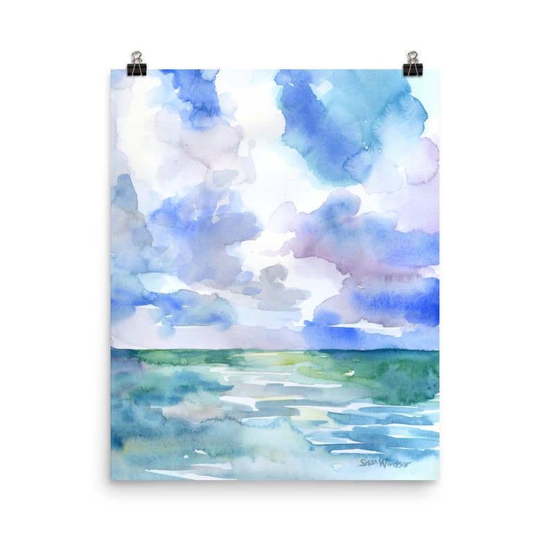 Peinture aquarelle abstraite océan, impression d'art sans cadre image 2