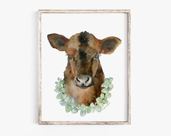 Angus Cow Calf with Eucalyptus Watercolor Painting Fine Art Giclee Reproduction Nursery Art UNFRAMED
