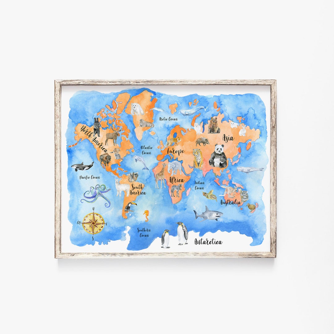 World Map of Animals Watercolor Print - Nursery Art - Kids Room Decor ...