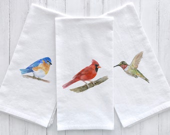 Watercolor Birds Flour Sack Tea Towels Set of 3 Hostess Kitchen Gift