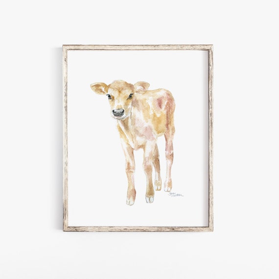 Jersey Cow Calf Watercolor Painting - Large Print - 16x20 - Farm