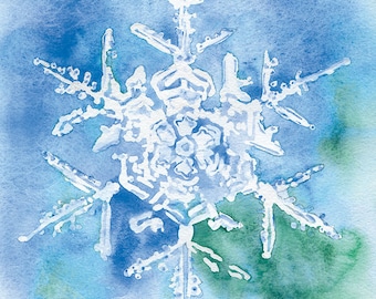 Snowflake Watercolor Painting - 5 x 7 - Giclee Print - Holidays Art Painting UNFRAMED