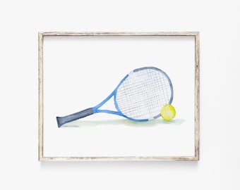 Tennis Ball and Racket Watercolor Painting Giclee Print - Racquet UNFRAMED