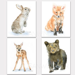 Woodland Animal Watercolor Art Prints Set of 4 Unframed