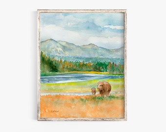 Yellowstone National Park Watercolor Fine Art Print Landscape with Bison UNFRAMED