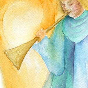 May include: A watercolor painting of an angel playing a golden trumpet. The angel is wearing a blue robe and has blonde hair. The background is a soft yellow.