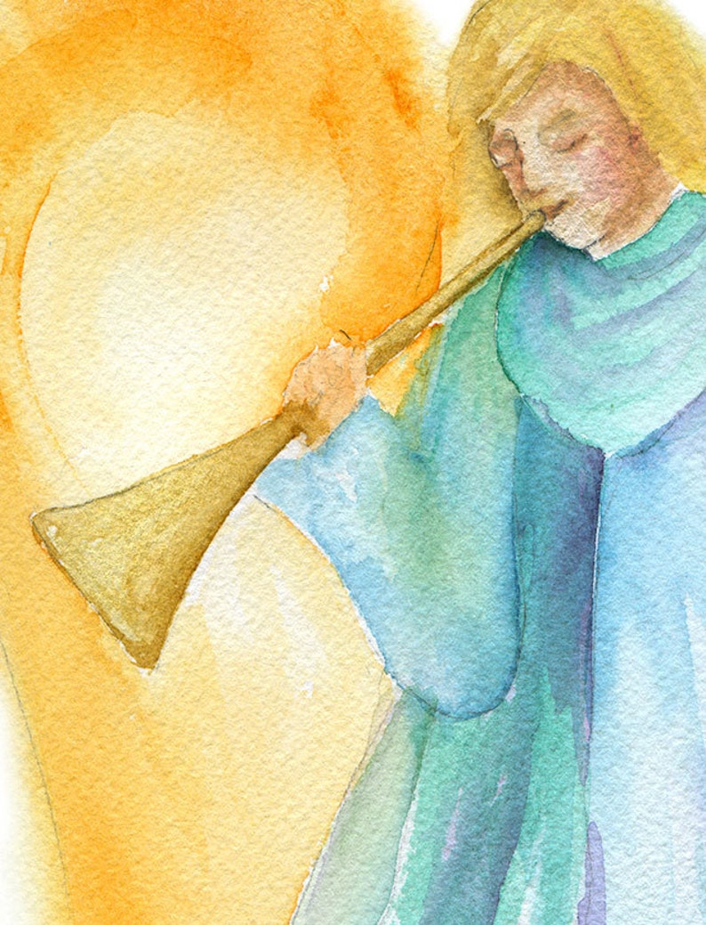 May include: A watercolor painting of an angel playing a golden trumpet. The angel is wearing a blue robe and has blonde hair. The background is a soft yellow.