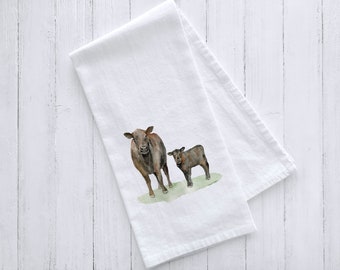 Angus Cow and Calf Watercolor Flour Sack Tea Towel