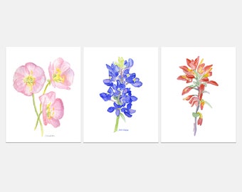 Texas Wildflower Art Print Set of 3 Watercolor Large Poster Prints - Texas Floral Paintings Unframed