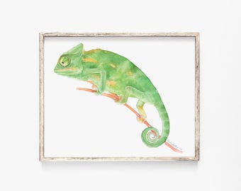 Chameleon Watercolor Painting Giclee  Fine Art Print - Lizard Art Reptile Painting UNFRAMED
