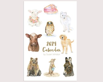 2024 Calendar - Animal Desk Calendar - 12 Month - Watercolor Art