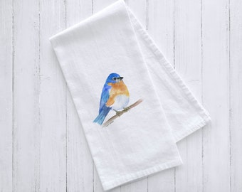 Eastern Bluebird Watercolor Flour Sack Tea Towel