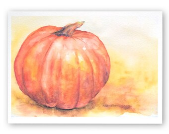Watercolor Pumpkin Thanksgiving Fall Autumn Greeting Card 5"x7"